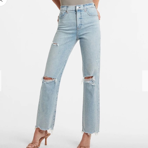 Express Denim - EXPRESS SUPER HIGH WAISTED RIPPED RAW HEM MODERN STRAIGHT JEANS NWT